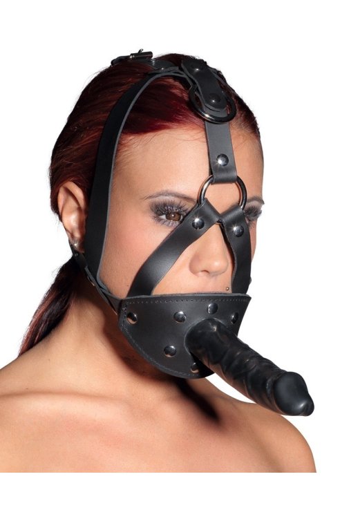 Gag Leather Head Harness with Dildo