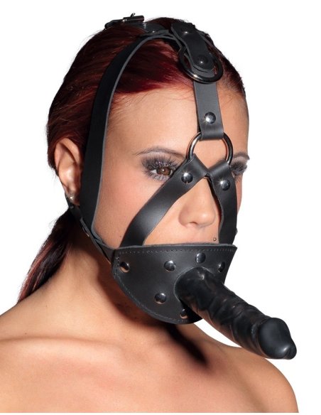 Gag Leather Head Harness with Dildo