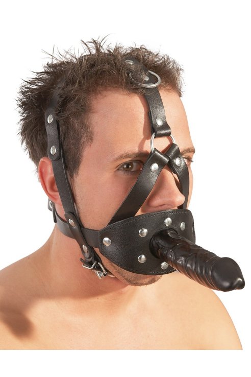 Gag Leather Head Harness with Dildo