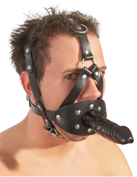 Gag Leather Head Harness with Dildo