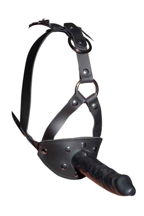 Gag Leather Head Harness with Dildo