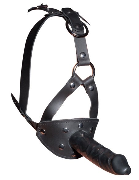 Gag Leather Head Harness with Dildo