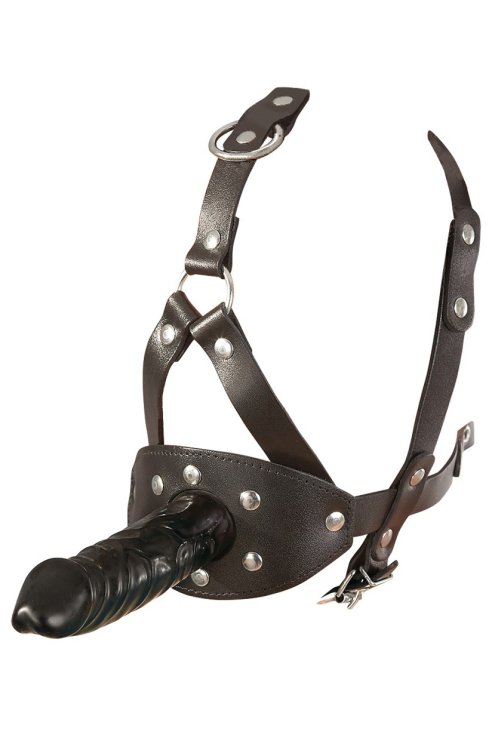 Gag Leather Head Harness with Dildo