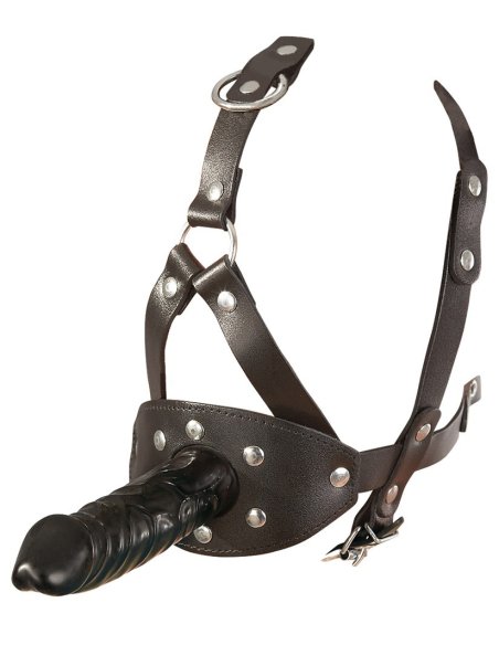 Gag Leather Head Harness with Dildo