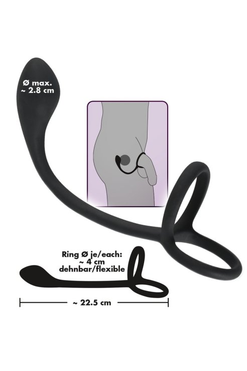 Prsten za penis+čep Black Velvets Cock & Ball Ring + Plug