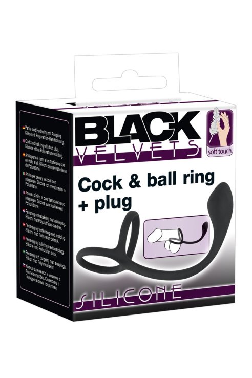 Prsten za penis+čep Black Velvets Cock & Ball Ring + Plug