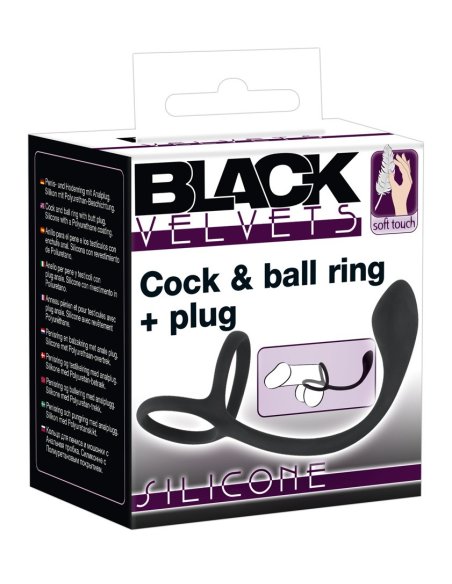 Prsten za penis+čep Black Velvets Cock & Ball Ring + Plug